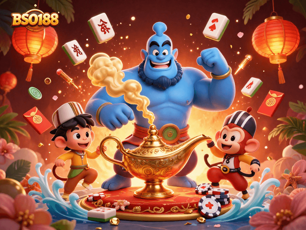 Engage with BSO188 as a magical genie and monkey bring luck and prosperity in this vibrant casino scene.