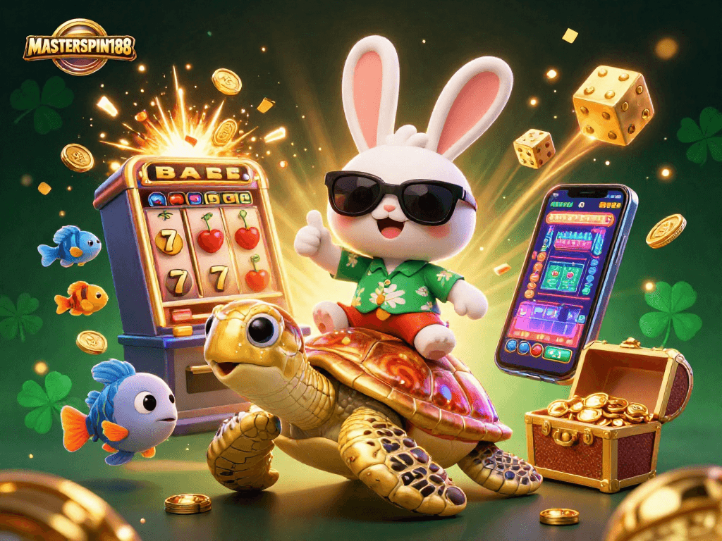 Spin and win at MASTERSPIN188 with a vibrant 3D casino adventure featuring lucky symbols and a jackpot!
