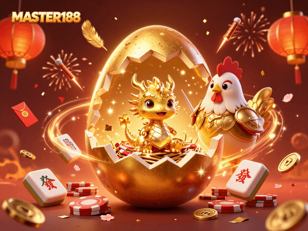 Master188 showcases a dynamic casino scene with golden dragon and poker chips, celebrating gambling.