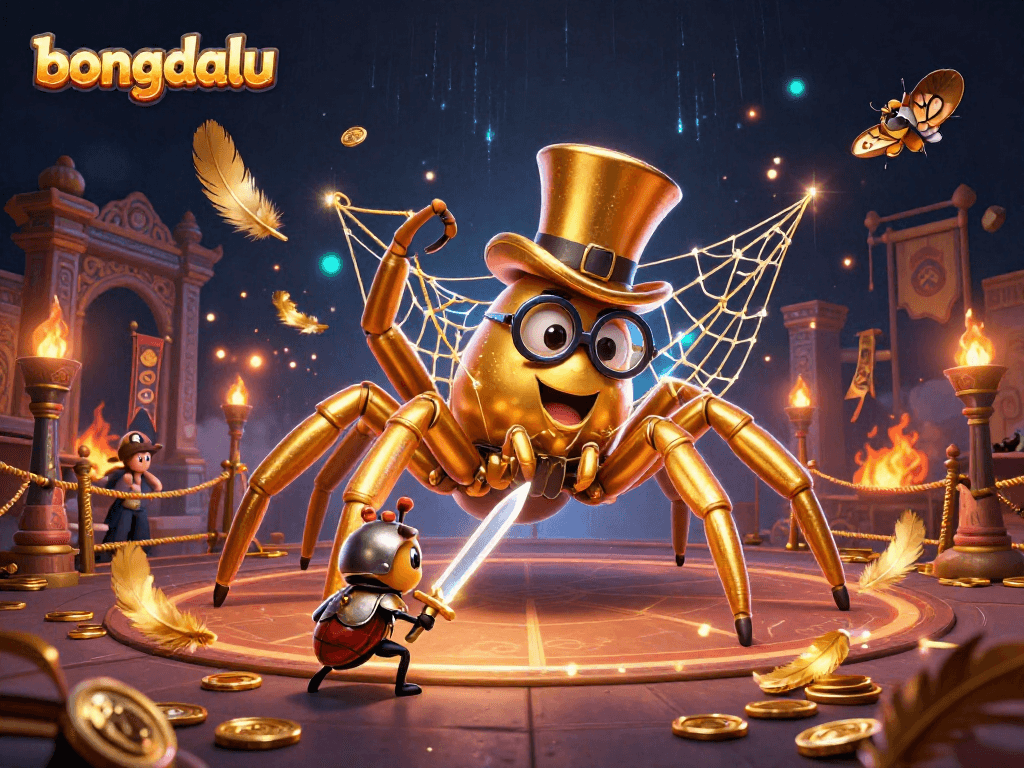 Bongdalu showcases a dynamic gambling scene featuring a golden tarantula, beetle knight, and moth spectators amidst rich casino elements.