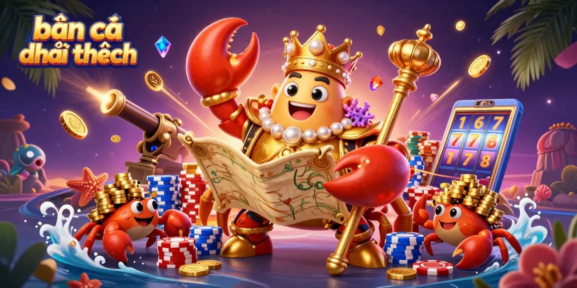 Engage in bắn cá đổi thưởng with an emperor crab commanding riches, amidst jewels and dynamic game elements.