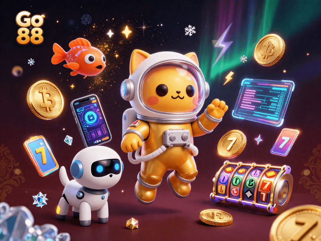 Experience Go 88's thrilling slot games featuring astronaut cat and robot dog in an exciting cosmic scene