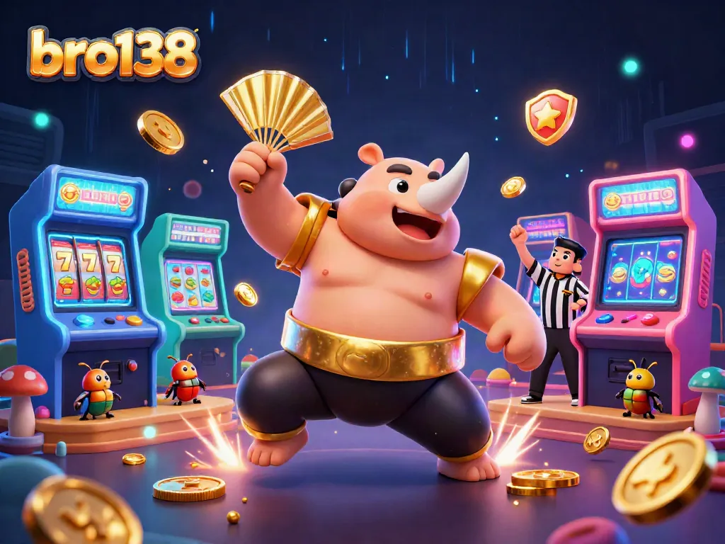 Join the excitement at bro138 with a dynamic scene featuring a sumo beetle champion and slot machines.