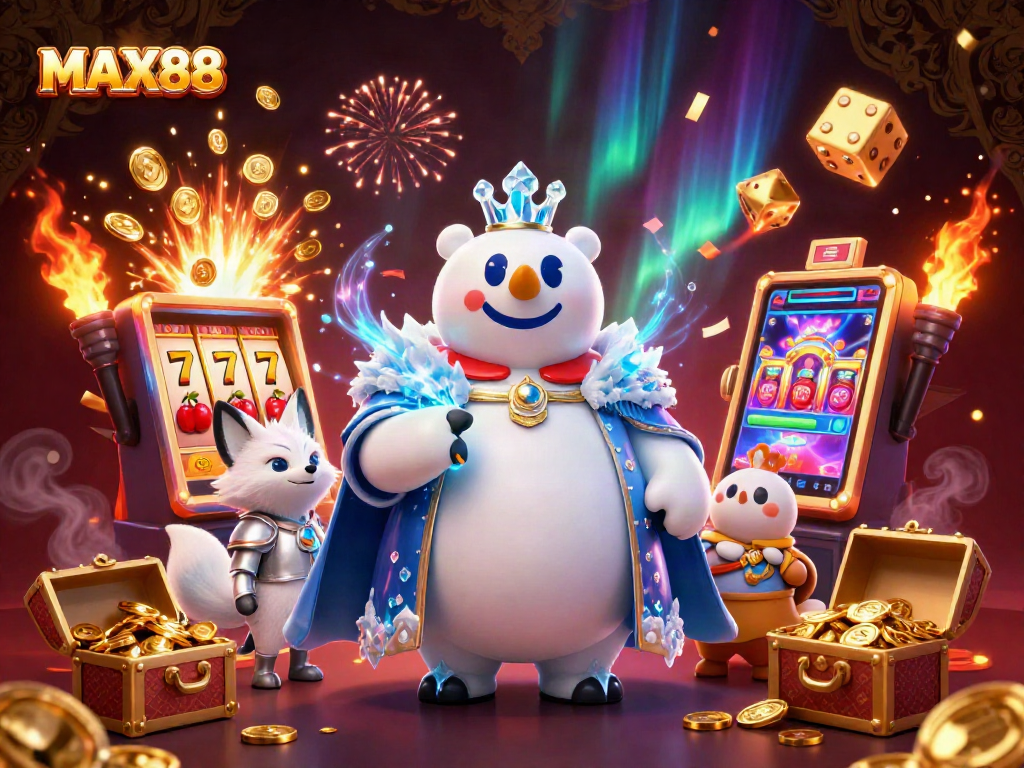 Catch the action at MAX88 with an exciting 3D casino scene featuring a polar bear and a snow fox.