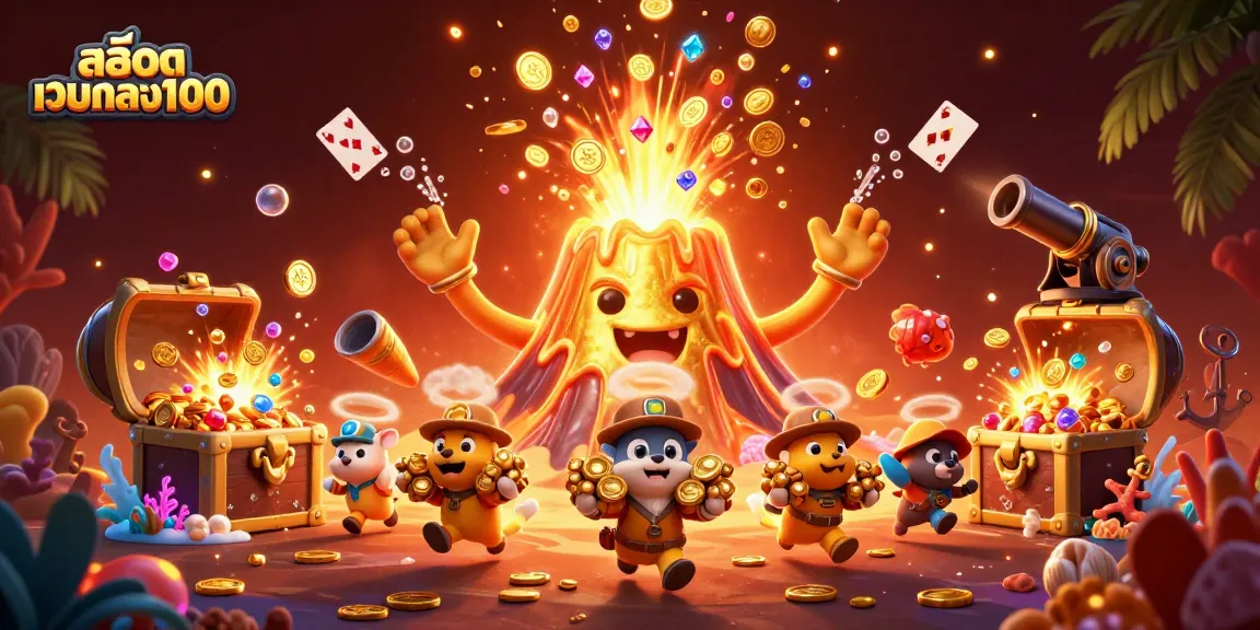 Experience the excitement of สล็อตเว็บตรง100 with a dynamic scene of a golden volcano erupting treasures amidst thrilling game elements.