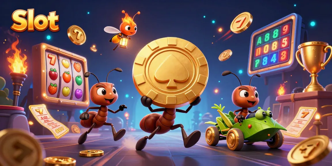 Engage in the Slot action with ants stealing a giant poker chip and vibrant casino elements.