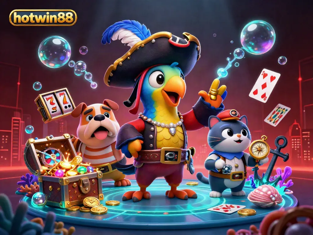 Experience the excitement of hotwin88 with vibrant slot machines, treasure chests, and unique 3D characters in a vibrant underwater setting.