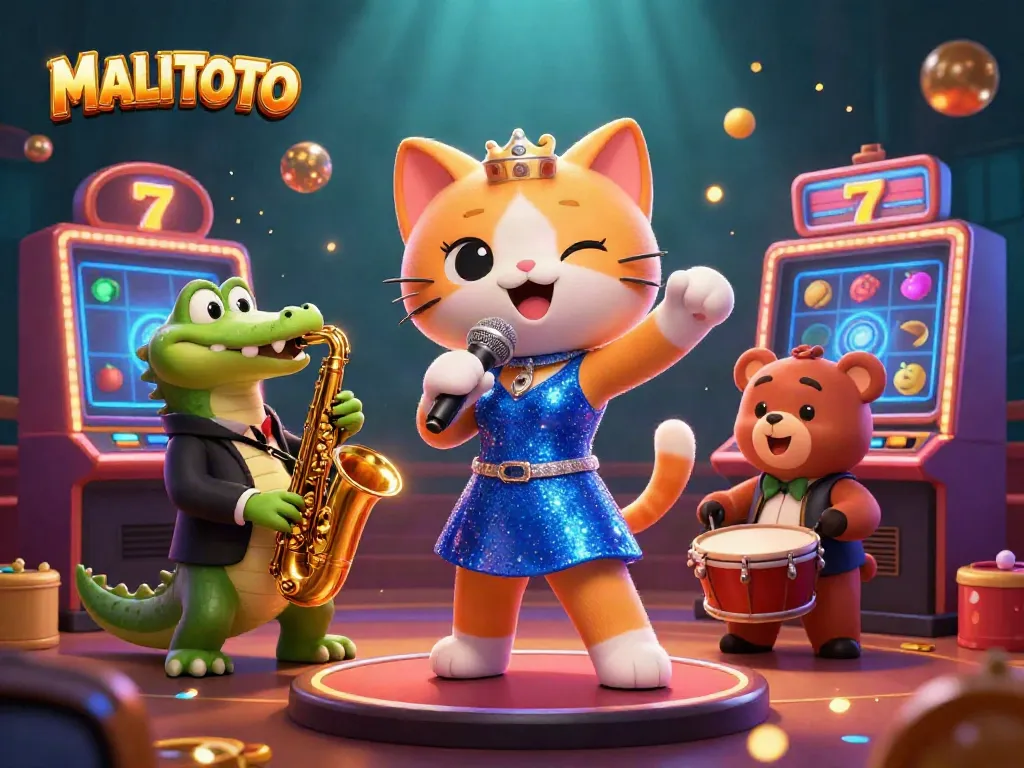 Experience the excitement at MALITOTO's vibrant casino scene with animated characters playing games.