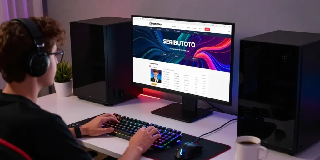 Engaging user interacting with SERIBUTOTO lottery portal on desktop, gaming accessories highlighted.
