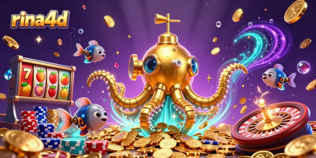 Experience vibrant casino action with rina4d slot reels and a golden kraken submarine amidst sparkling coins.