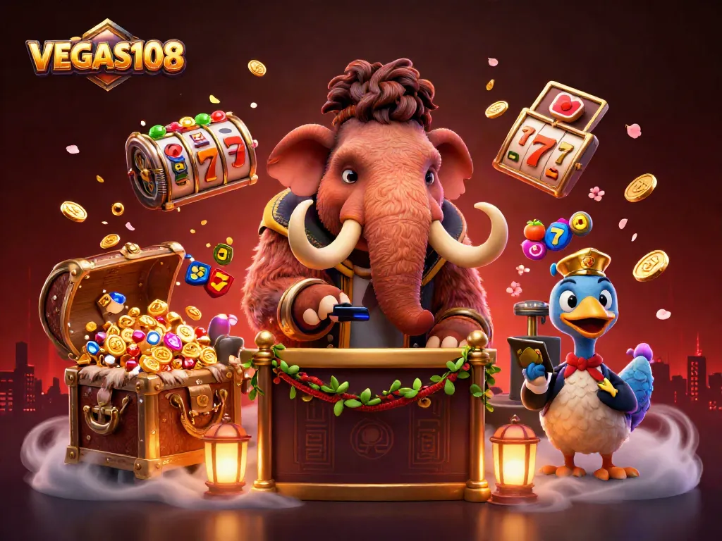 VEGAS108 hadir dalam ilustrasi 3D yang menampilkan mamut berbouncer kasino dengan simbol buah dan mesin slot.