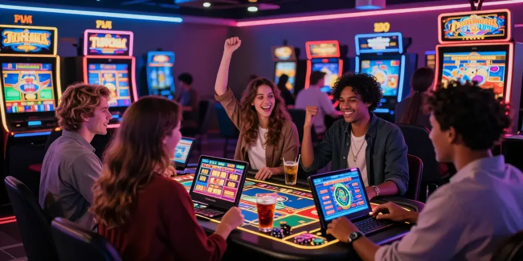 Suasana permainan menggembirakan di betslots88 dengan pemain merayakan kemenangan di slot online.