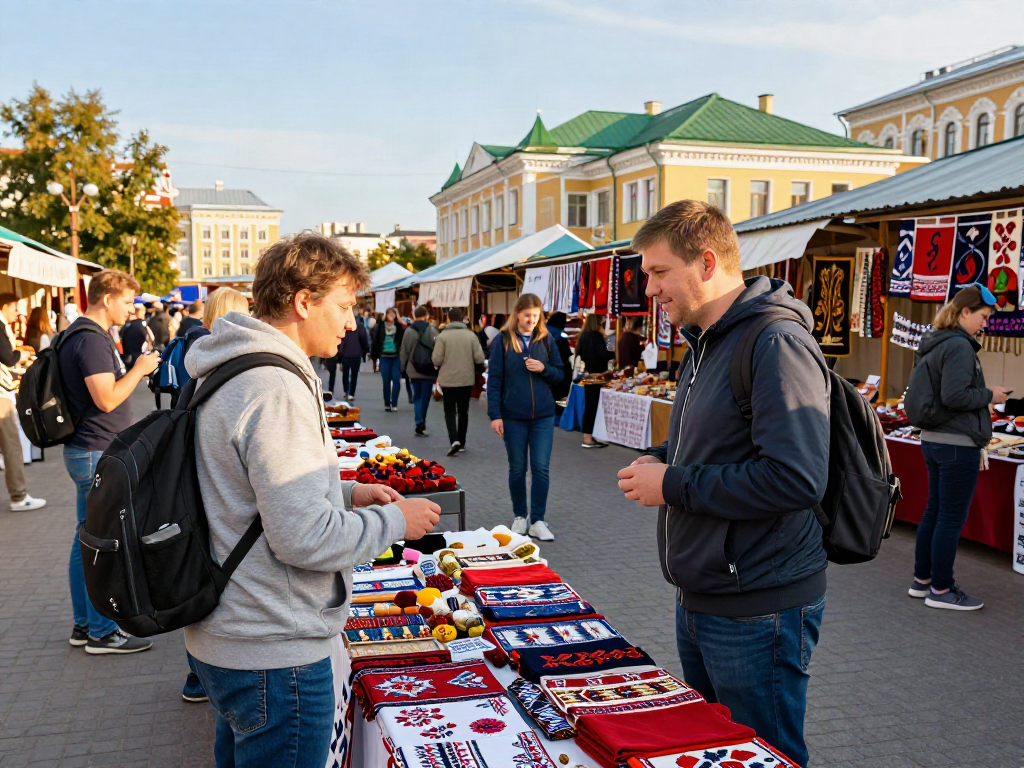 Pengunjung menggunakan https://payinrussia.com/ untuk bertransaksi di pasar Rusia, dikelilingi oleh kerajinan lokal dan suasana yang ramai.