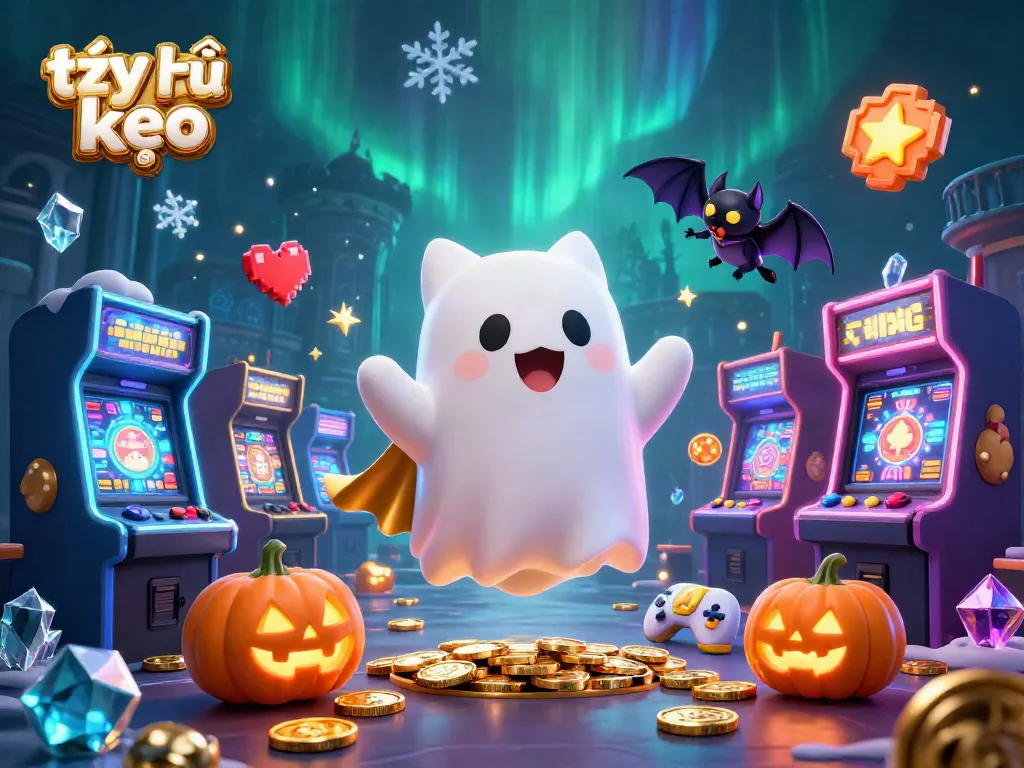 Engage in tỷ lệ kèo with a playful ghost cat and vampire bat in a haunted casino theme.