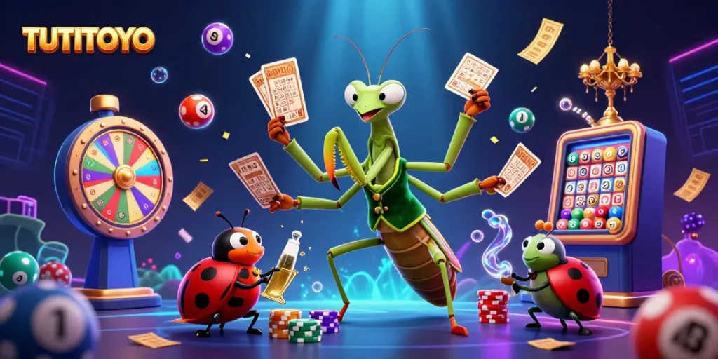 TUTITOTO engages players with a dynamic casino scene featuring a card sharp, pit boss, and vibrant game elements.