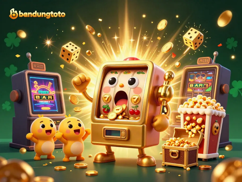 Watch the bandungtoto golden slot machine winning its jackpot surrounded by cheering baby machines and gold coins.