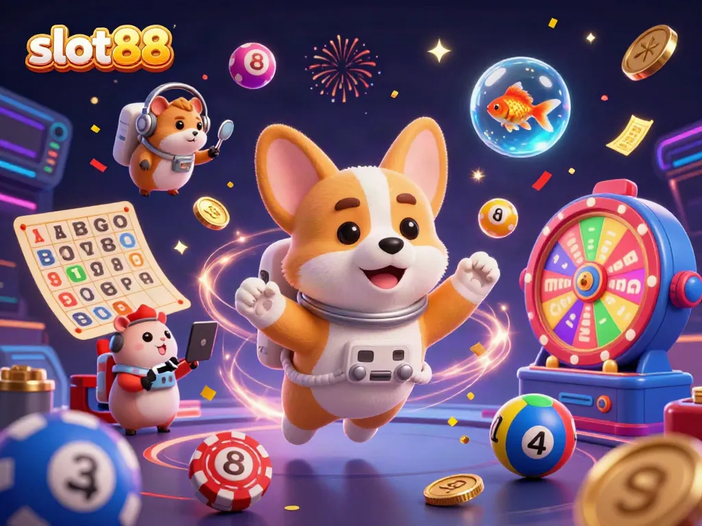 Experience the excitement of slot88 in a vibrant 3D cartoon casino scene with playful characters and dynamic elements.