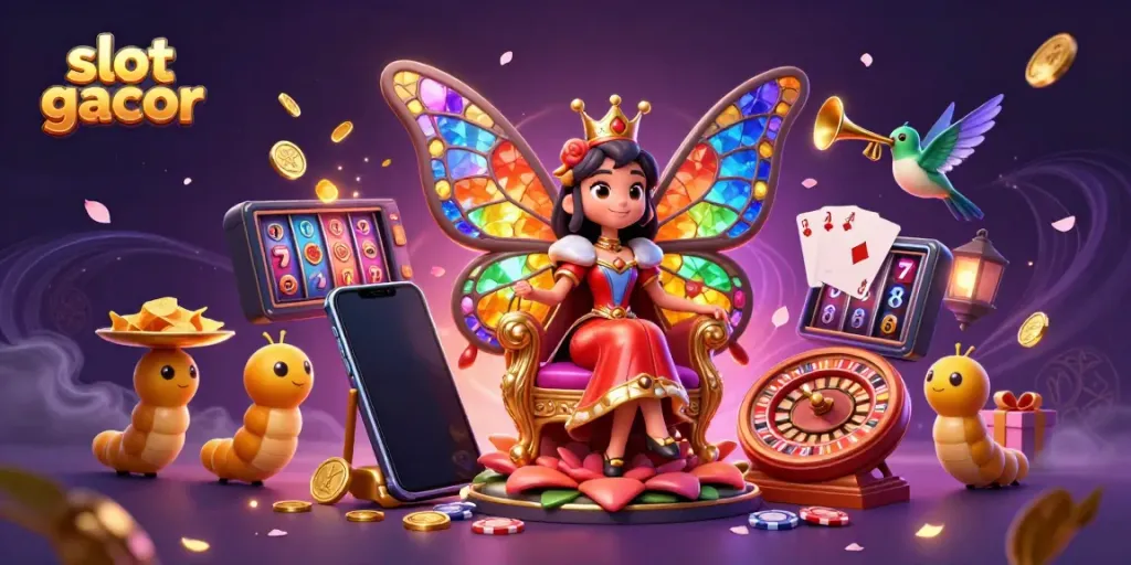 Engage with slot gacor gameplay illustrated by a vibrant scene featuring a butterfly queen and dynamic casino elements.