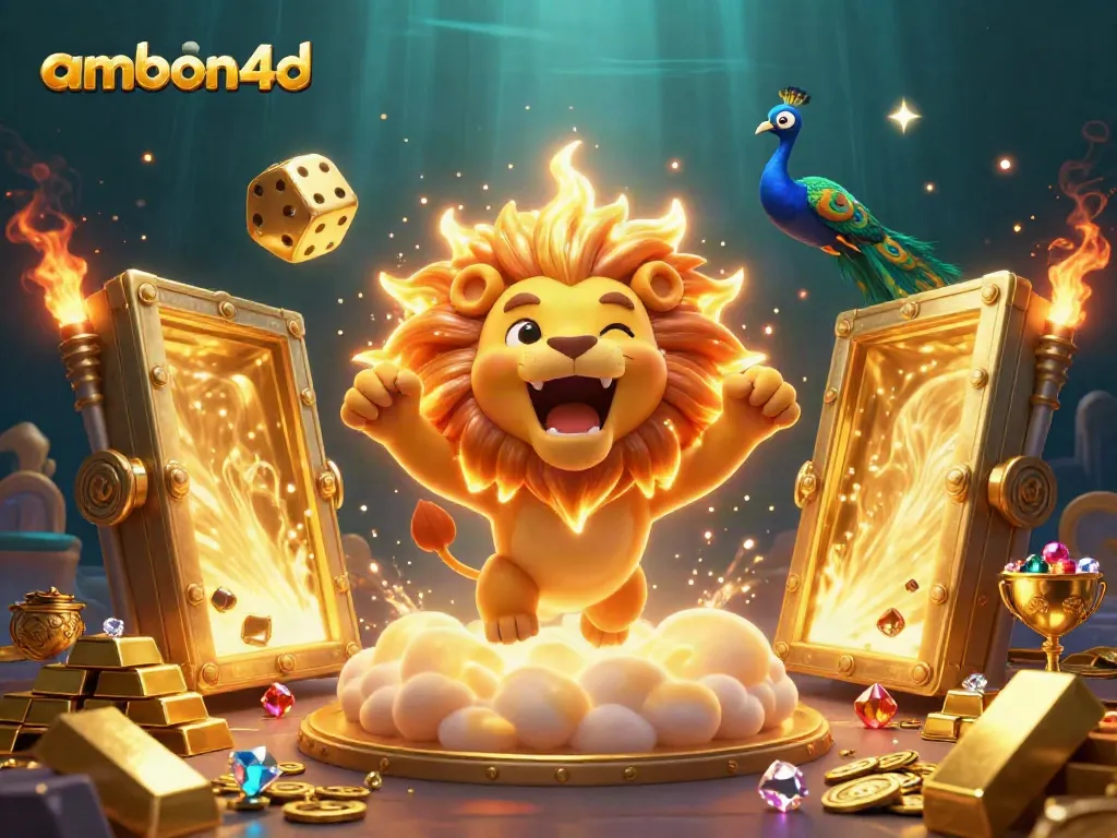 Engage in thrilling action at ambon4d, featuring colorful treasures, golden dice, and a lively 3D cartoon lion.