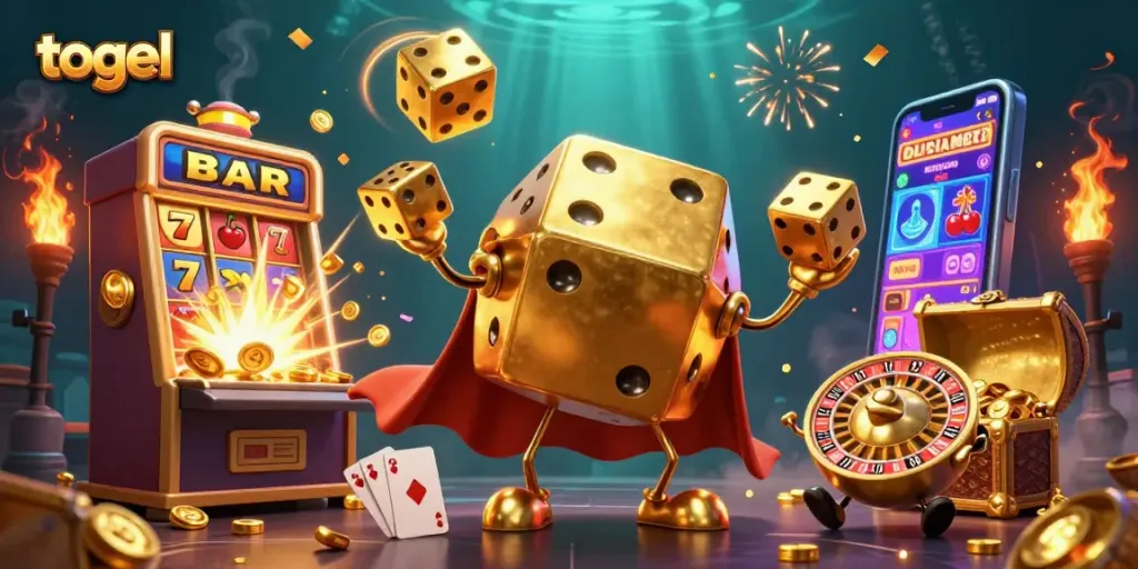 Togel menampilkan dadu emas dan mesin slot dalam ilustrasi penuh warna, simbol keberuntungan bersinar.