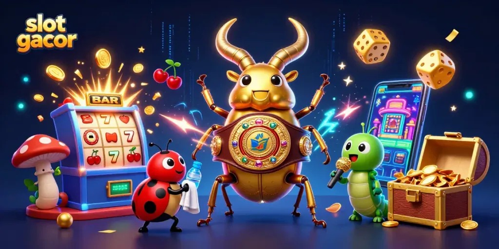 Experience thrilling wins with slot gacor in a vibrant casino illustration featuring dynamic characters and gaming elements.