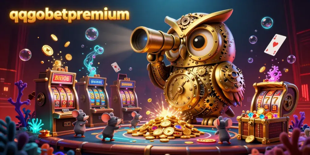 Engage with qqgobetpremium's vibrant casino scene featuring a golden clockwork owl and dynamic slot machines.