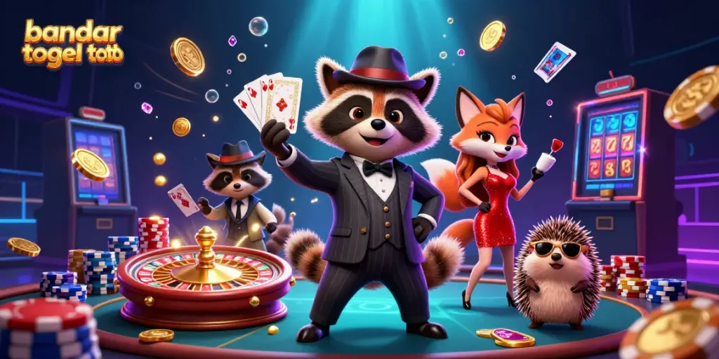 Gambarkan bandar togel toto dengan karakter kartun yang menarik dan elemen kasino berkilau.