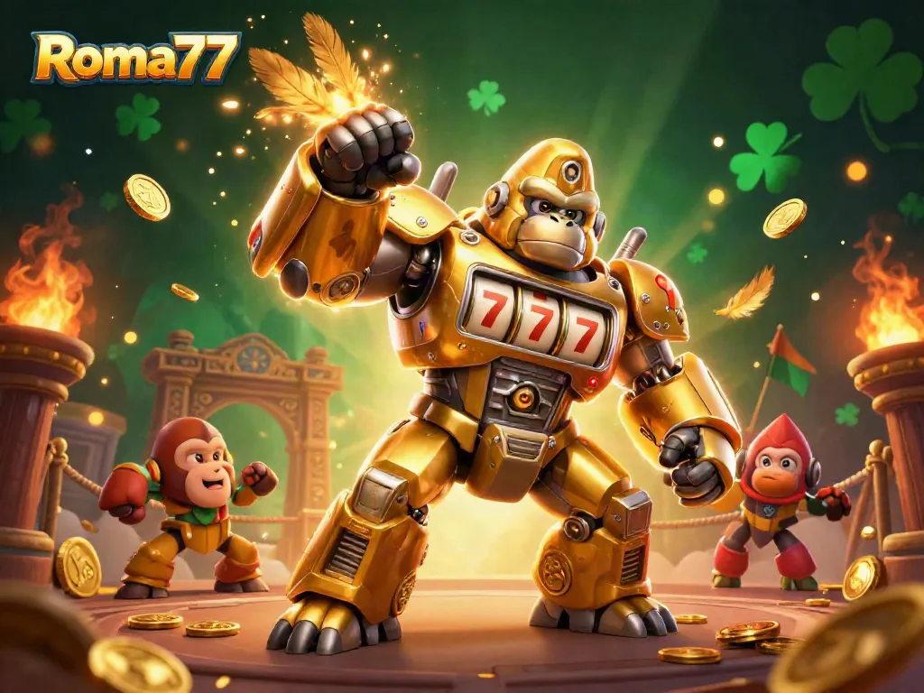 Experience the excitement of Roma77 with this dynamic illustration of a golden gorilla mech amidst a vibrant casino scene.