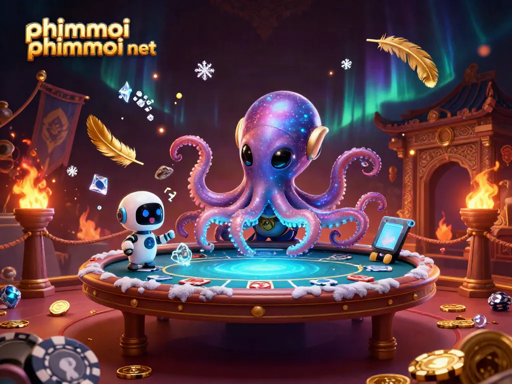 Engaging scene with the alien octopus at a holographic poker table, showing excitement for phimmoi phimmoi net gaming.