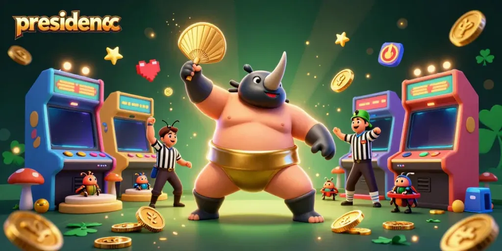 Experience exciting gameplay with presidencc through a dynamic casino illustration featuring unique characters.