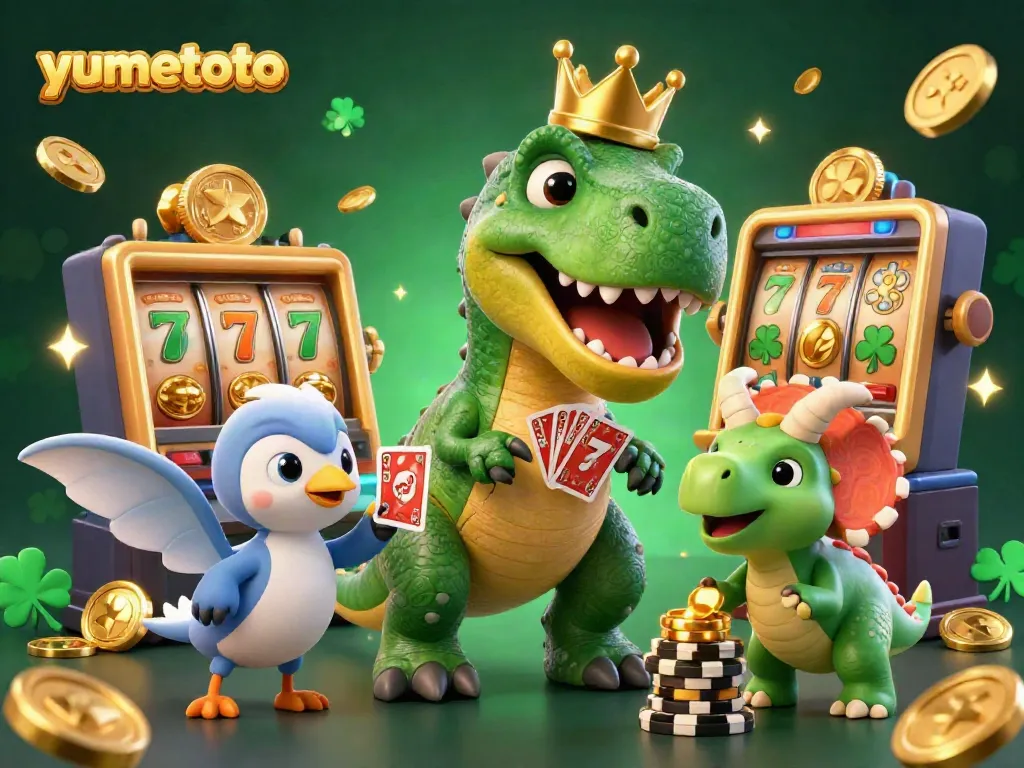 Experience gaming excitement with yumetoto, featuring a playful T-Rex shuffling cards and vibrant slot elements.