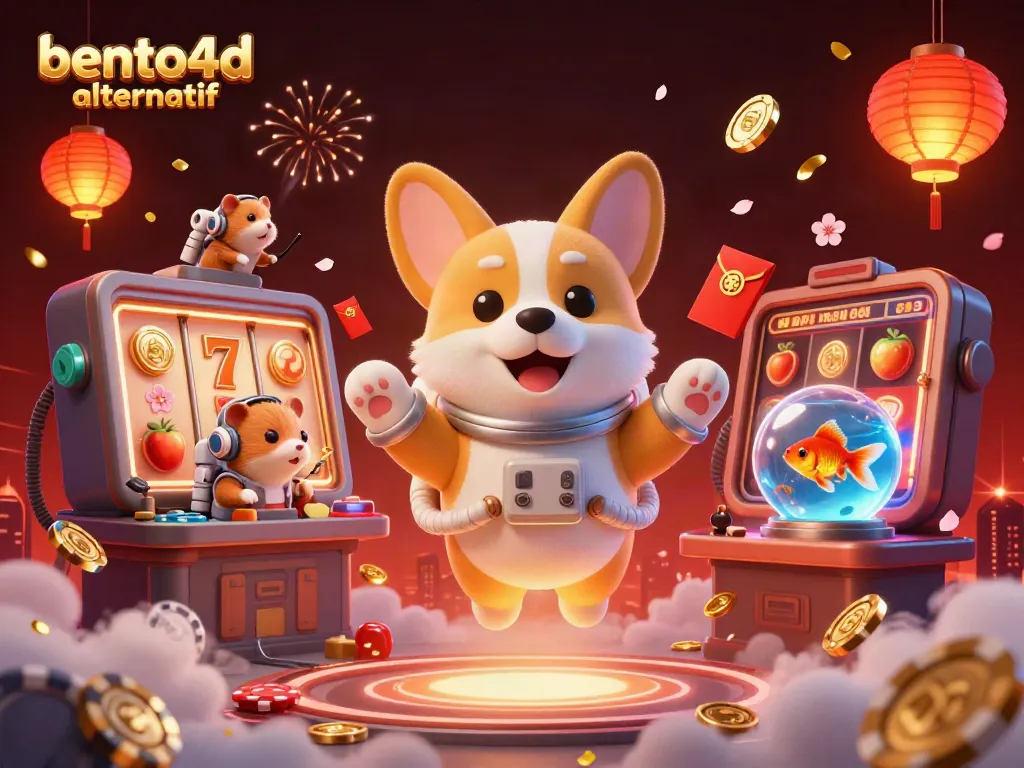 Play the exciting bento4d alternatif with slots amidst a vibrant casino scene featuring dancing characters.