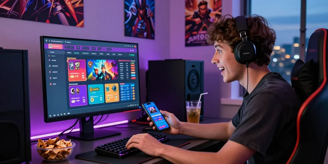 Rubahtoto: Pemuda antusias bermain game taruhan online dengan suasana modern dan nyaman.