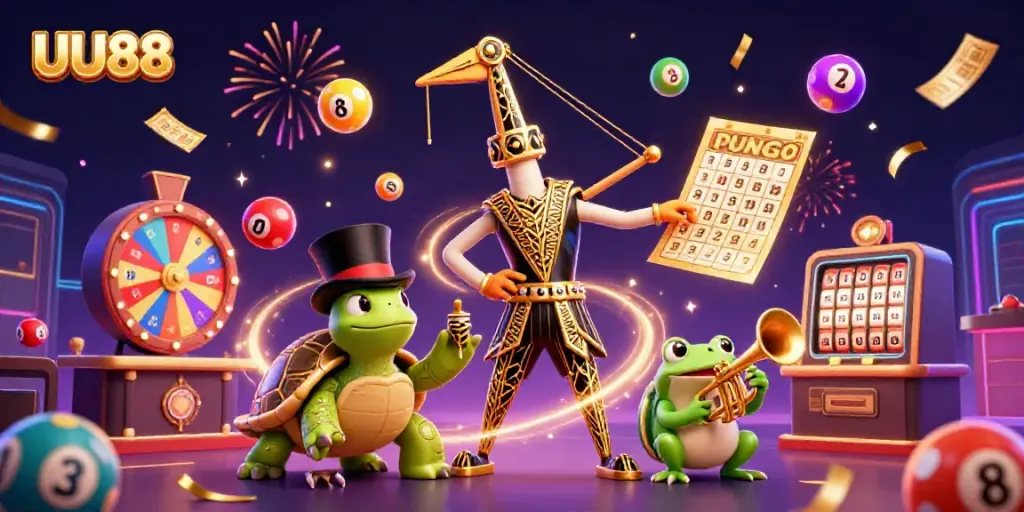 Experience the excitement of UU88 with vibrant lottery elements and lively characters in a 3D casino scene.