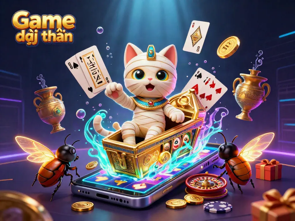 Experience Game đổi thưởng with a vibrant illustration of ancient casino action featuring a mummy cat and casino elements.