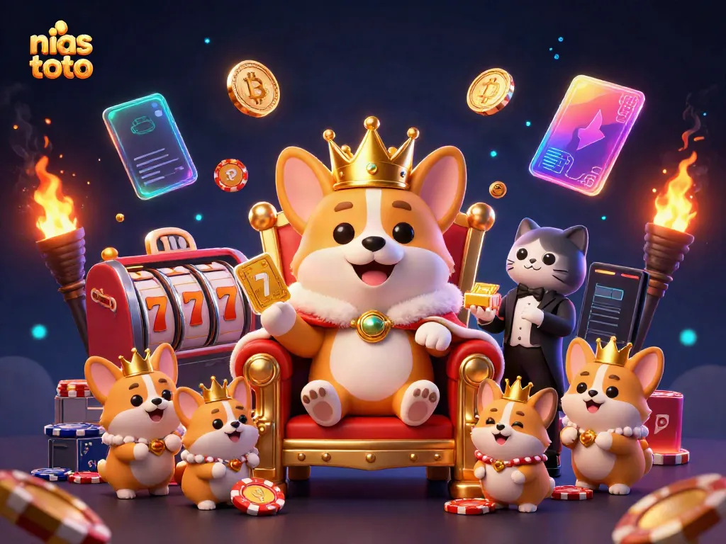 Menangkan permainan dengan nias toto, gambaran corgi kerajaan dan simbol slot yang kaya.