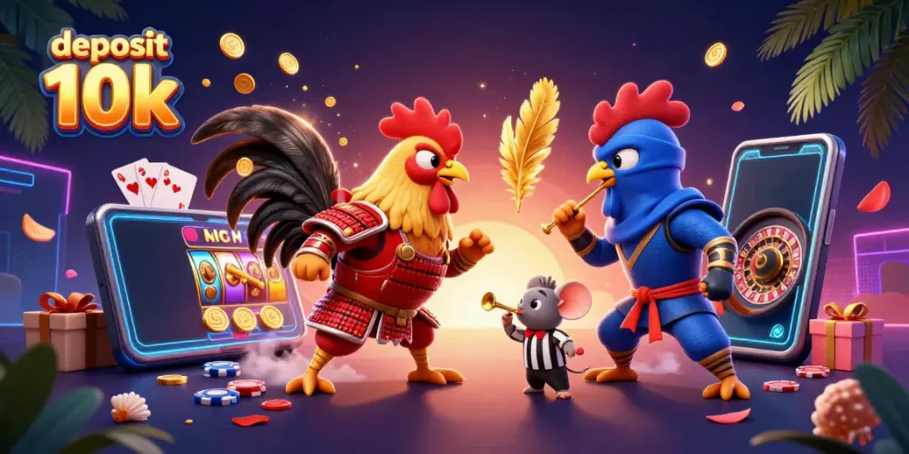 Rasakan ketegangan deposit 10k dengan dua ayam petarung 3D dalam pertempuran dramatis di arena kasino.
