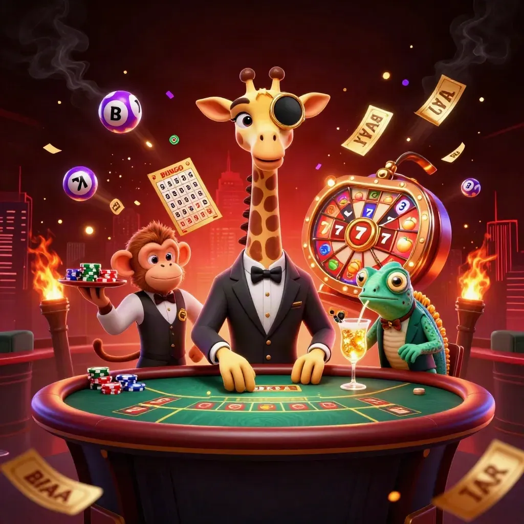 Giraffe, monyet, dan bunglon di meja poker, dikelilingi bola lotre dan cahaya neon emas.