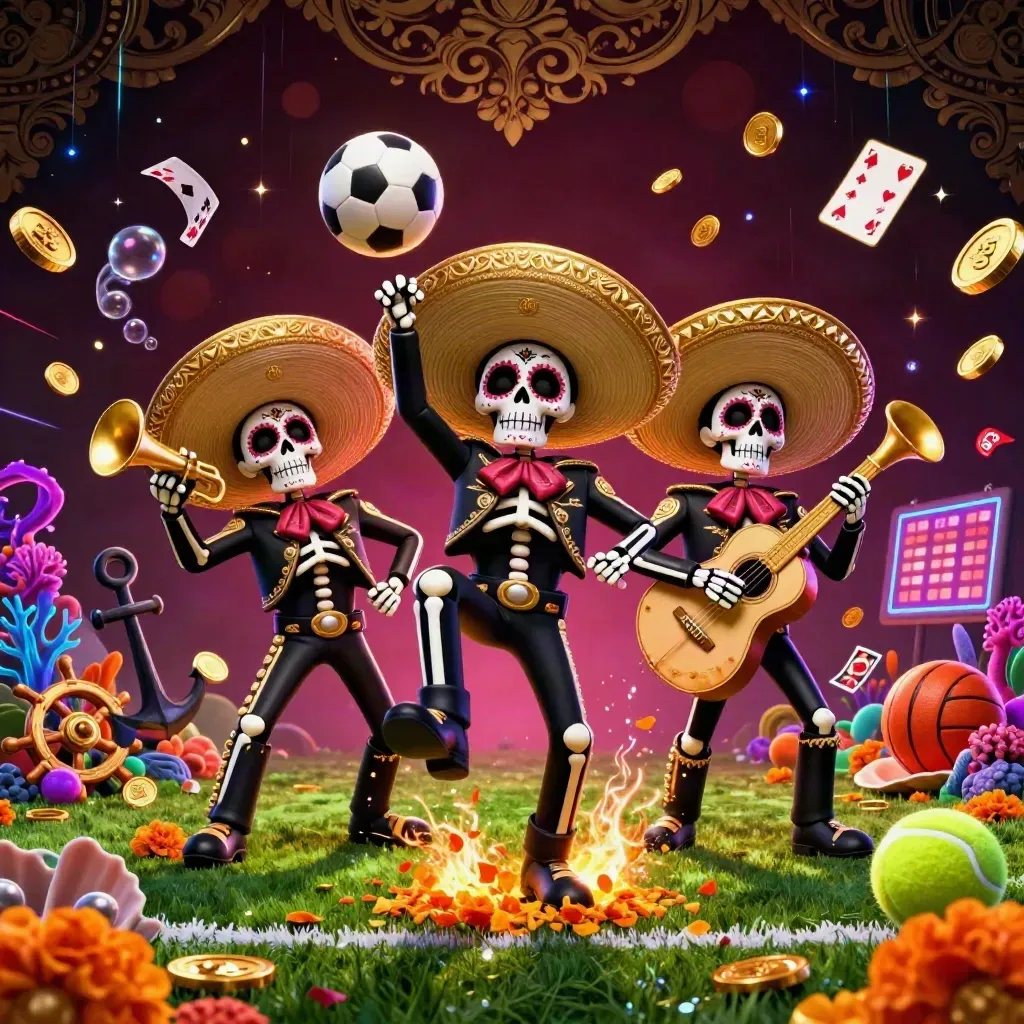 Tiga skeleton mariachi 3D di ledakan bola sepak, koin emas, dan cahaya kasino mewah.