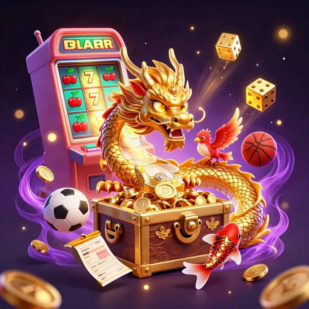 Naga emas, koi, dan bola olahraga meledak di efek slot mewah ungu-emas.