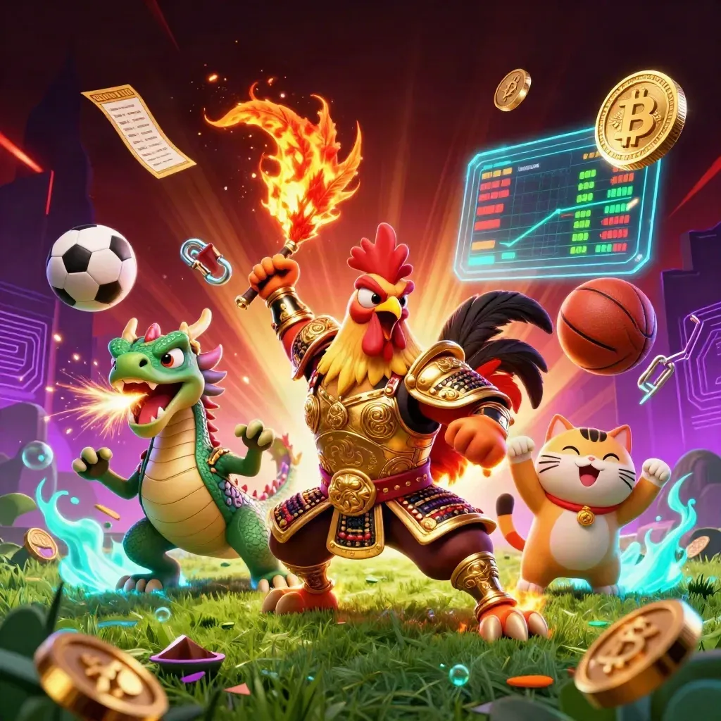 Ayam samurai emas, naga kecil, dan kucing hoki dikelilingi bola dan koin neon.