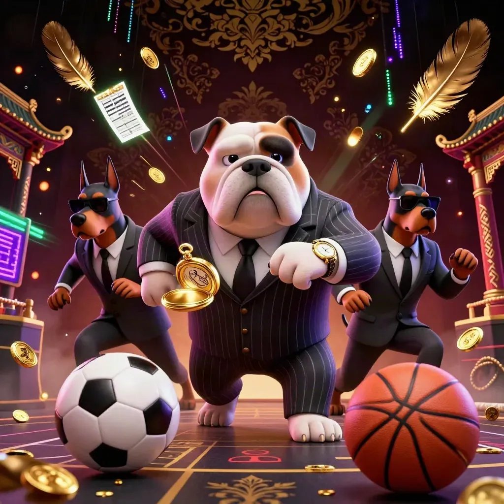Bulldog mafia dan dua doberman di tengah ledakan emas, bola dan koin melesat.