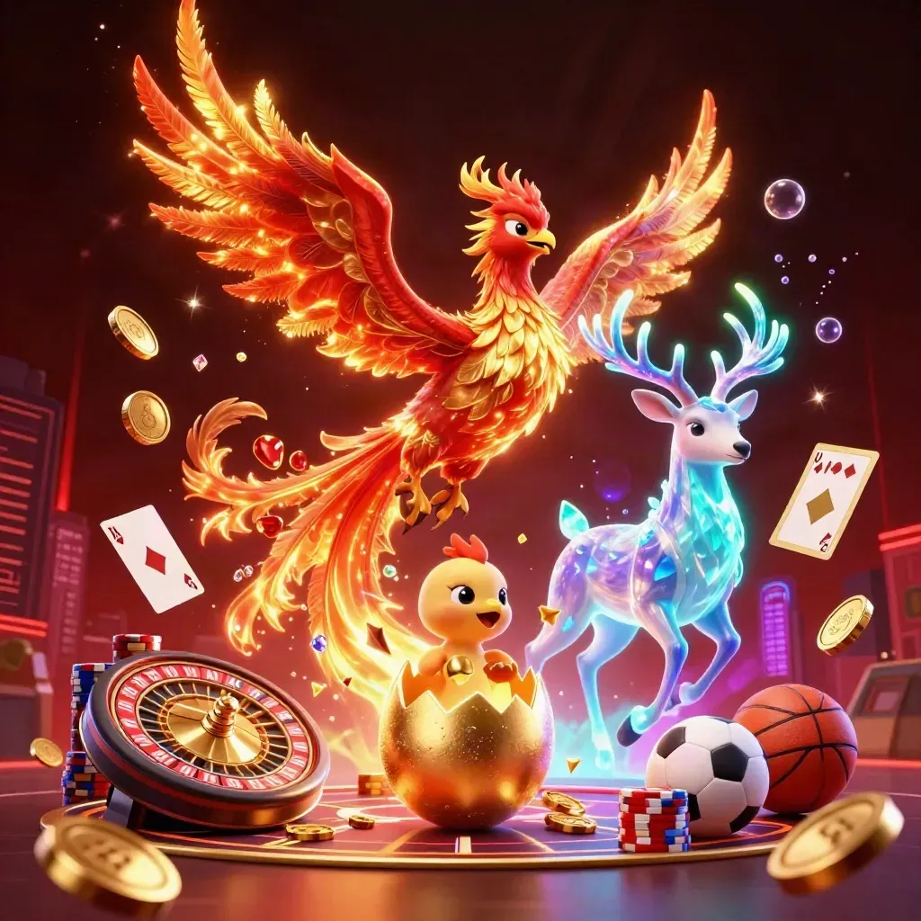 Phoenix, rusa kristal, dan anak phoenix di tengah ledakan koin, kartu, bola, dan cahaya neon.