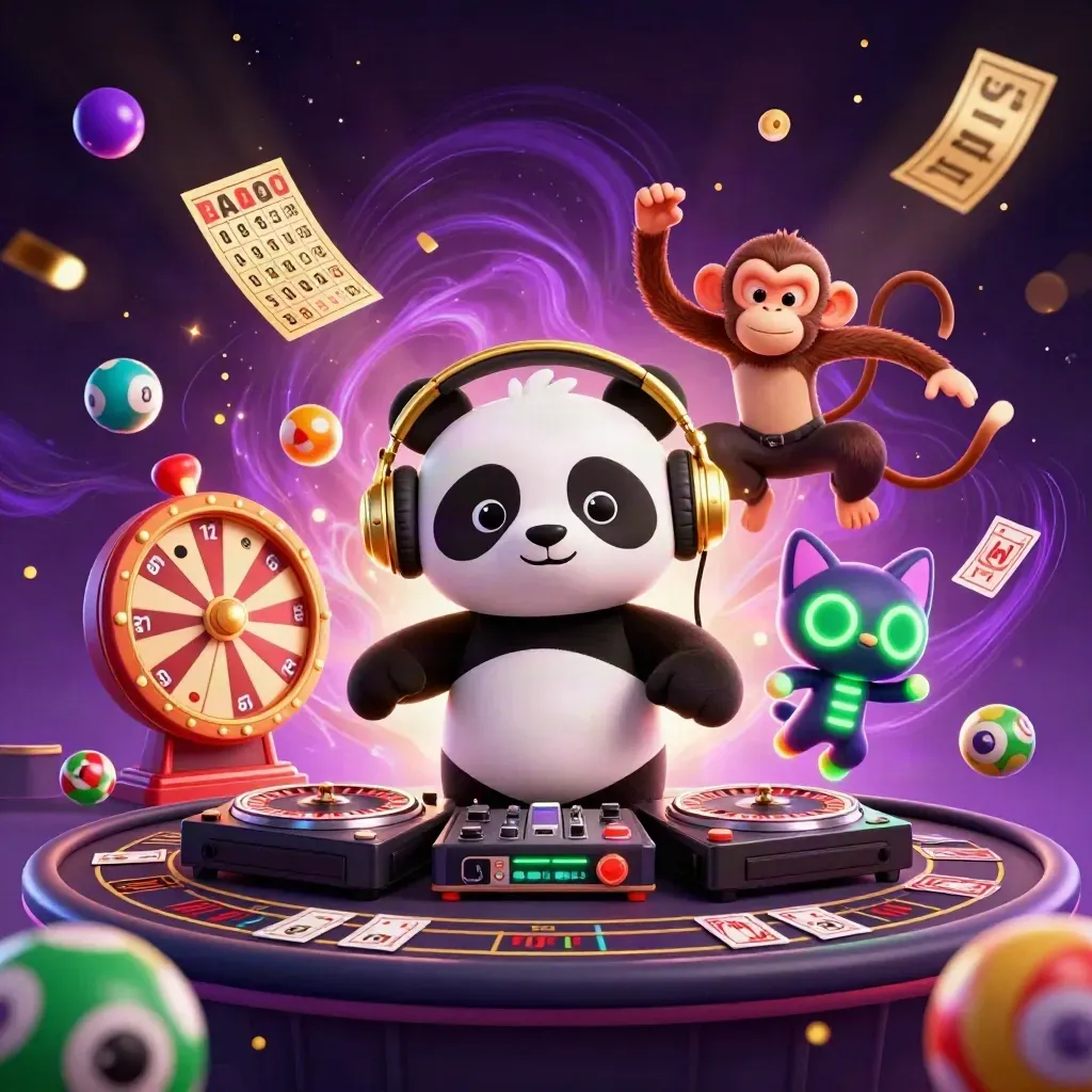 Panda DJ, monyet breakdance, dan kucing neon di kasino kosmik penuh lampu emas dan permata.