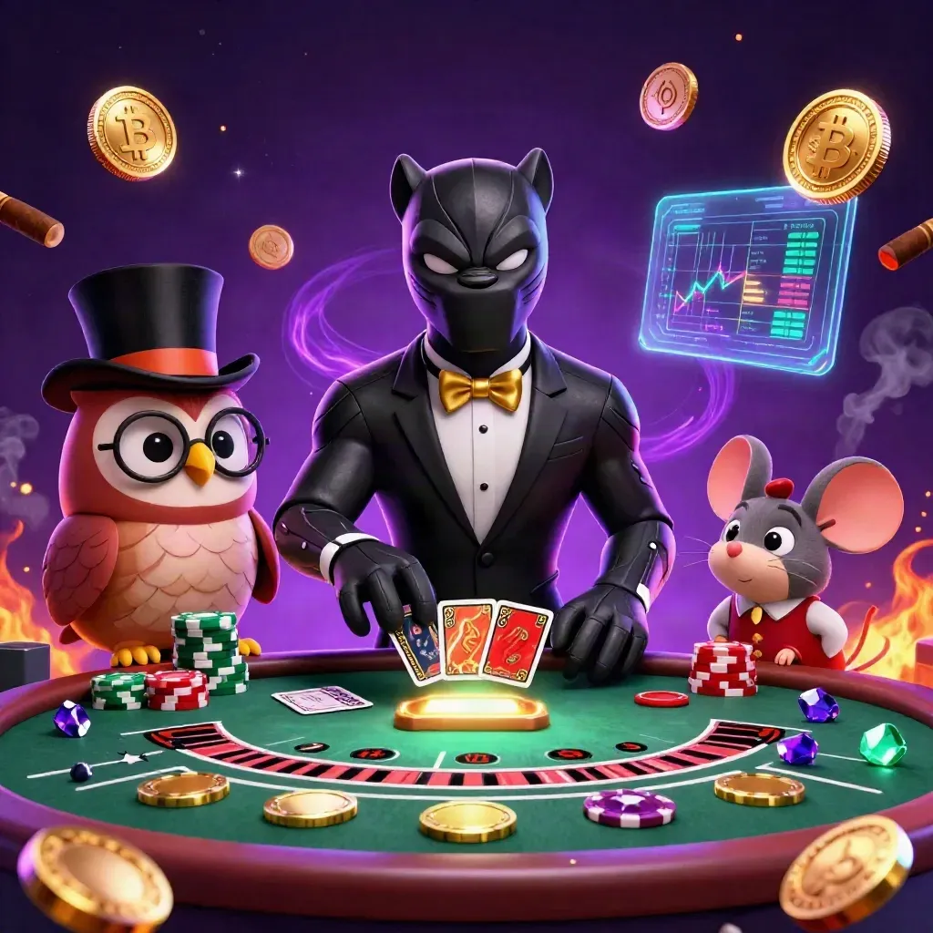 Panther tuxedo, burung hantu, dan tikus di meja kasino ungu neon dengan cahaya emas.