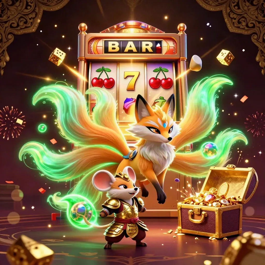 Rubah roh berekor sembilan dan tikus samurai emas dikelilingi jackpot dan emas berhamburan.
