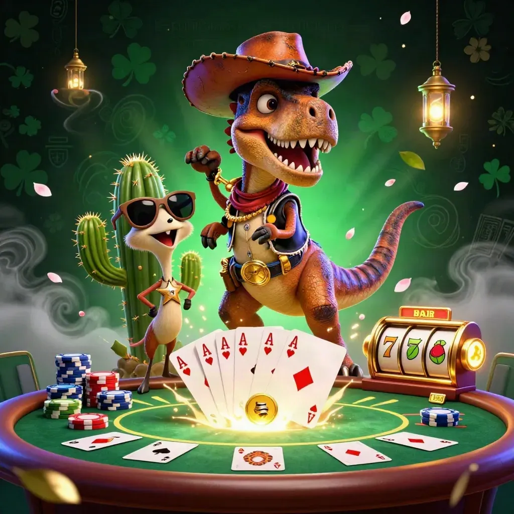 T-Rex koboi, kaktus, dan roadrunner di meja poker hijau dengan efek neon kasino.