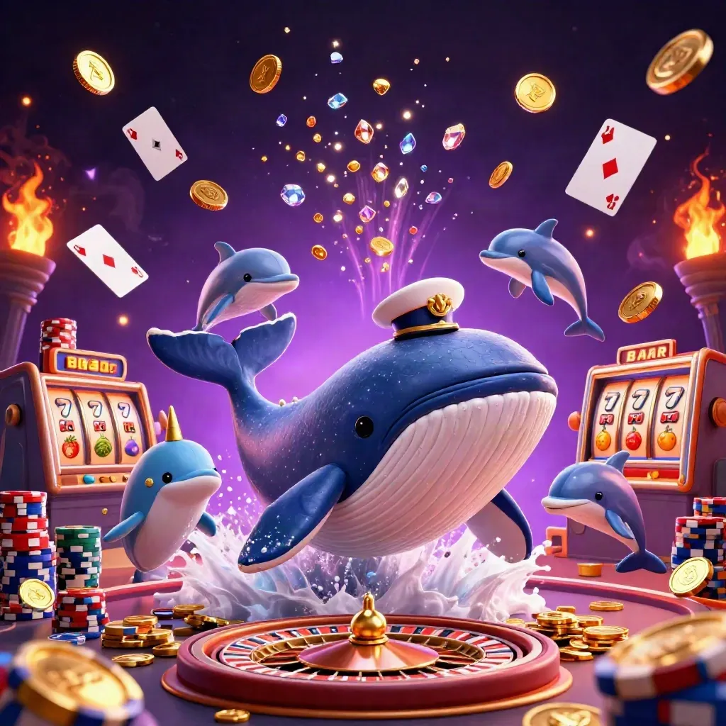 Paus kapten, narwhal, dan lumba-lumba di tengah koin, chip, kartu, serta cahaya hijau neon.