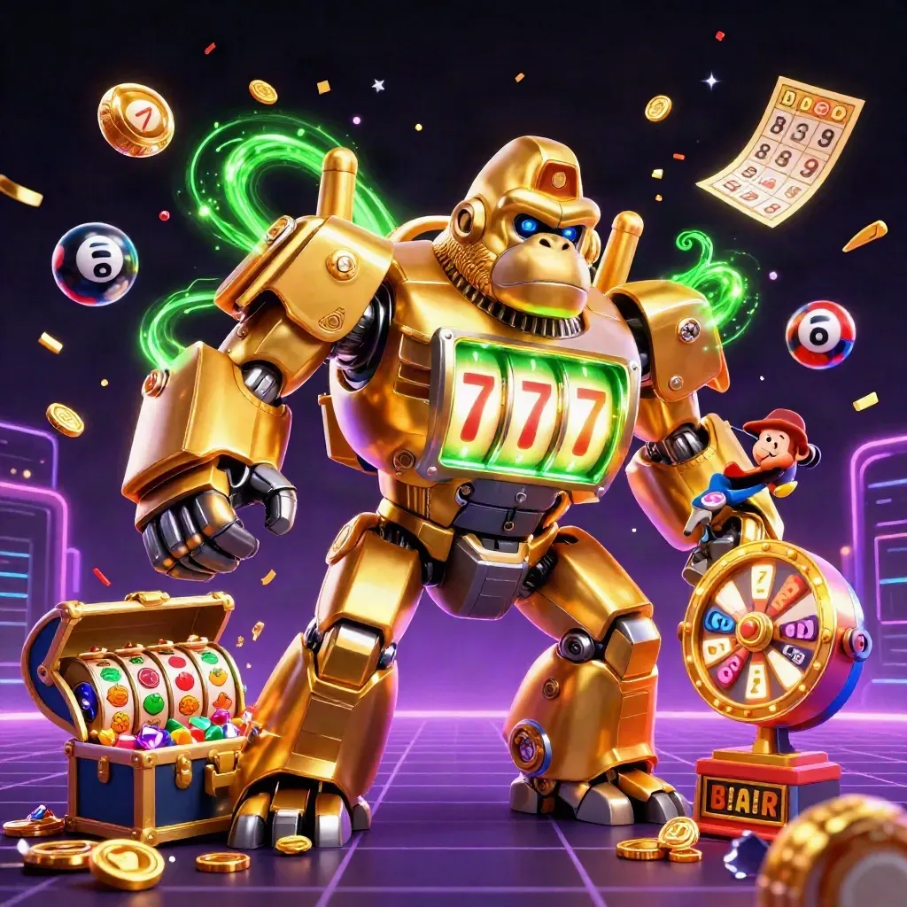 Gorila mech emas dengan monyet pilot, bola angka, roda hadiah, dan efek neon hijau meledak.