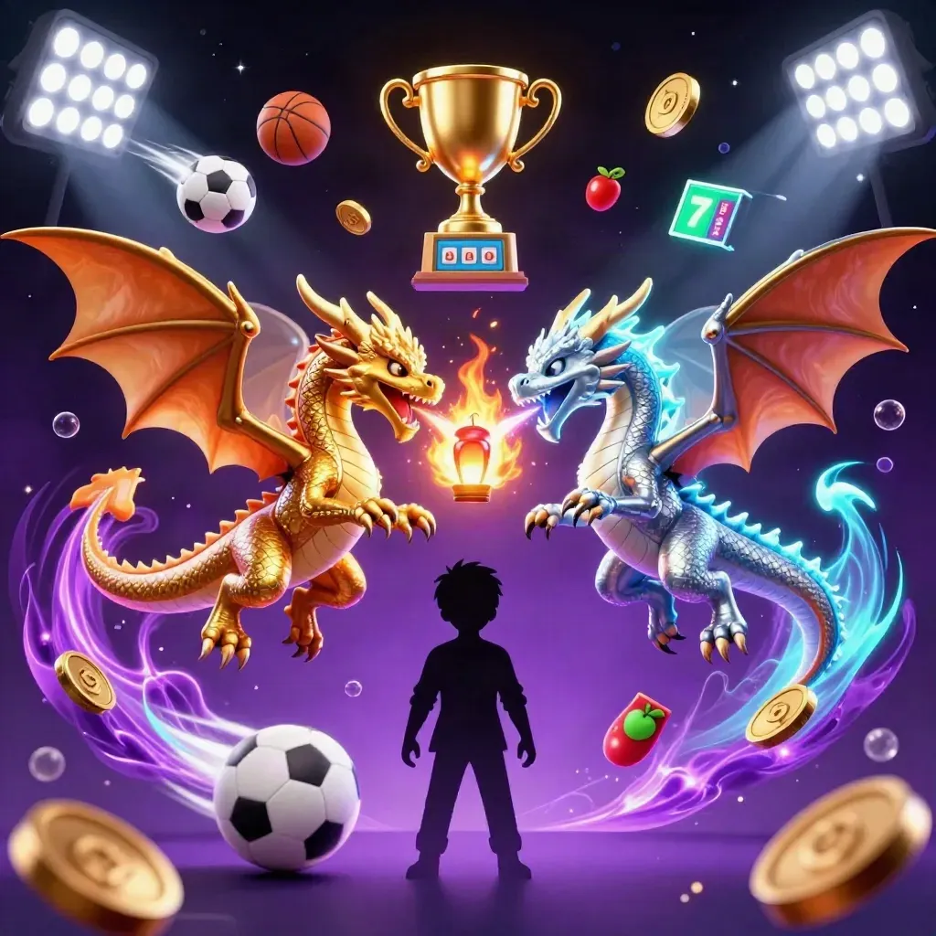 Dua naga emas dan perak terbang silang dengan ledakan bola, koin, dan cahaya neon ungu.
